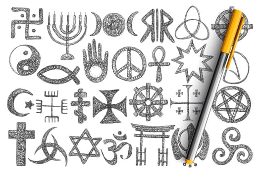 Various religious symbols doodle set. Collection of hand drawn cross, harmony and devil signs, stars, buddhism and muslim symbols isolated on transparent background. Illustration of holy signs