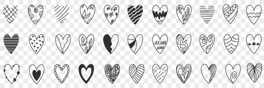 Styles of heart doodle set. Collection of hand drawn various designs and styles of heart shapes and patterns in rows isolated on transparent background