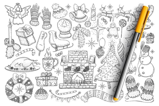 Christmas accessories and decorations doodle set. Collection of hand drawn snowman, fire, skates, candles, wreath, roasted turkey, snowball, decorations for home isolated on transparent background