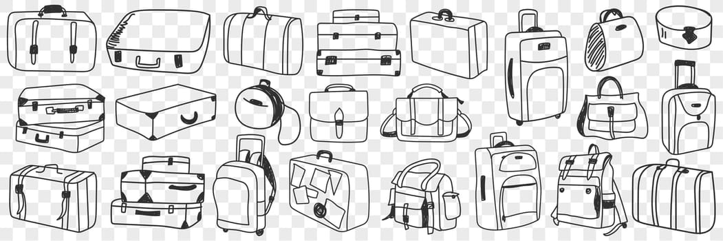 Suitcase traveling luggage doodle set. Collection of hand drawn various suitcases of different shapes and styles for trips in rows isolated on transparent background