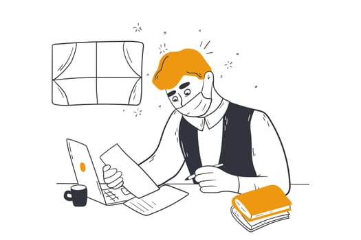 Online education, video conference, distance learning concept. Man boy pupil student studying watching online webinar looking at laptop elearning making notes or remote call from teacher illustration.