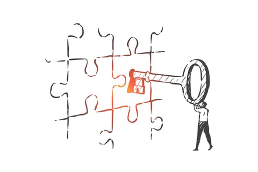 Business key, solution, leadership concept sketch. Businessman, company boss, CEO solving problem, keyhole in jigsaw puzzles, idea searching, success metaphor. Hand drawn isolated vector