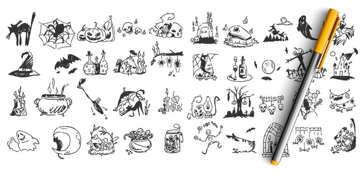 Halloween doodle set. Collection of hand drawn pencil sketches templates patterns of bats pumpkins zombies owls ghots creatures on white background. Illustration of all saints day symbols.