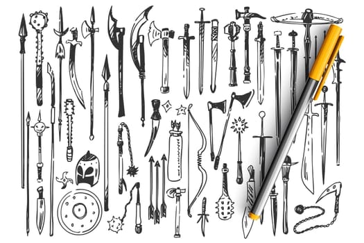 Weapons doodle set. Collection of hand drawn sketches templates patterns of medieval swords shields spears clubs helmets on white background. Historical knight armor illustration.
