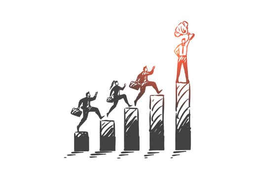 Leadership, corporate race, business competition concept sketch. Corporate worker character holding award, analysts and traders running on graph, team leader metaphor. Hand drawn isolated vector