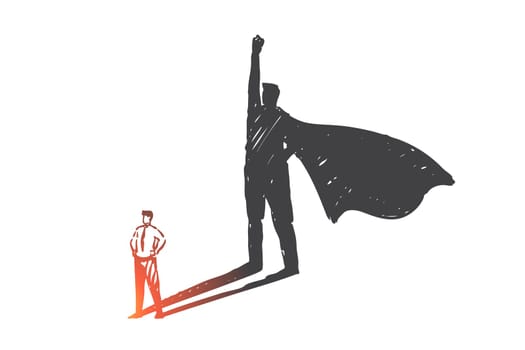 Personal development, leadership, ambition concept sketch. Businessmen with super hero in cape shadow, success, self improvement, career goals and achievement metaphor. Hand drawn isolated vector