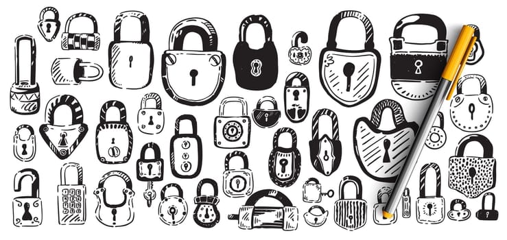 Locks doodle set. Collection of hand drawn sketches patterns templates of different shape metal door padlocks on white background. Safety protective equipment from robbery illustration