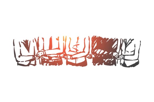 Business people partnership, teamwork concept sketch. Corporate workers, colleagues holding hands, coworkers characters together, co workers cooperation metaphor. Hand drawn isolated vector