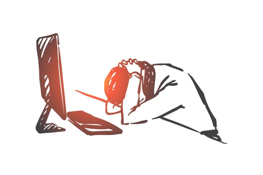 Burnout syndrome, tiredness, workload concept sketch. Businesswoman character stress at work, tired corporate worker, exhausted office manager, energy loss metaphor. Hand drawn isolated vector