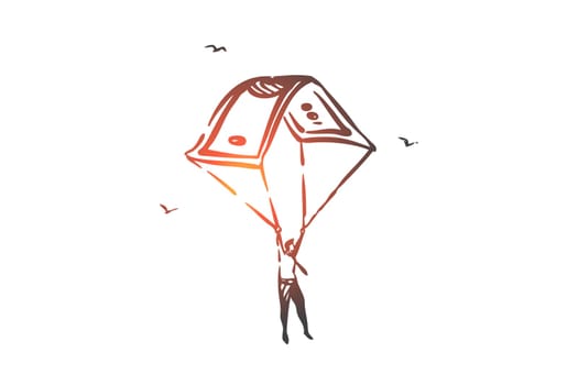 Business investment, life insurance, financial literacy concept sketch. Businessman character with banknote parachute, finance funding, revenue and profit metaphor. Hand drawn isolated vector