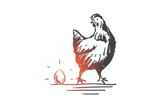 Chicken and egg, livestock, poultry concept sketch. Hen, domestic bird, agronomy industry, agriculture and husbandry, business investment profit metaphor. Hand drawn isolated vector