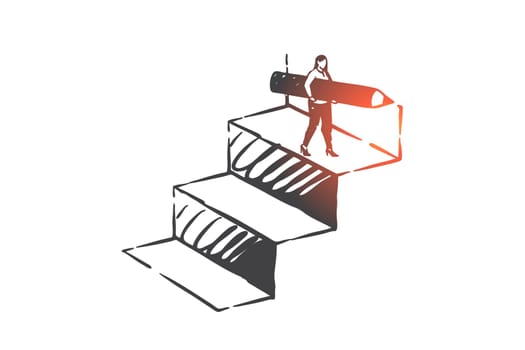 Personal development, career ladder, self improvement concept sketch. Businesswoman character achievement, business coaching, training, motivation and ambition metaphor. Hand drawn isolated vector