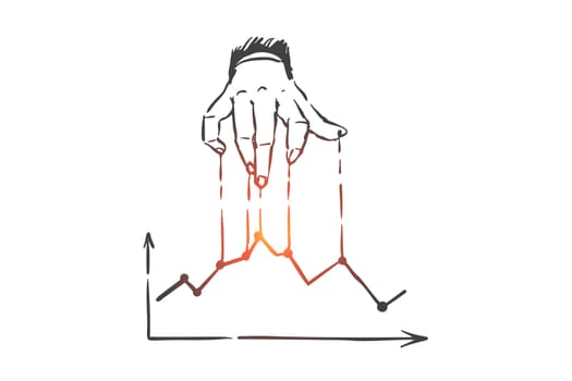 Improve business, plan for success concept sketch. Businessman pulling profit graph upwards, stock market, financial growth, progress and achievement metaphor. Hand drawn isolated vector