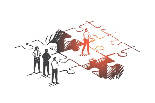 Personal development, job promotion, leadership concept sketch. Businessmen and businesswoman standing on jigsaw puzzles, business idea searching, problem solving metaphor. Hand drawn isolated vector