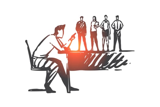 Abusive leadership, power overuse concept sketch. Big boss reprimanding small subordinates, official misconduct, malfeasance in office, candidates at job interview. Hand drawn isolated vector