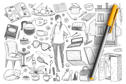 Feminine everyday essentials doodle set. Collection of hand drawn woman and cat, clothes, footwear, wardrobe, crockery, cosmetics, accessories, cat, home details isolated on transparent background