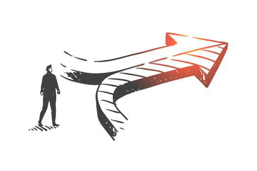 Decision making, achieving results concept sketch. Businessman and converging arrows, company development opportunity, corporate growth strategy metaphor. Hand drawn isolated vector