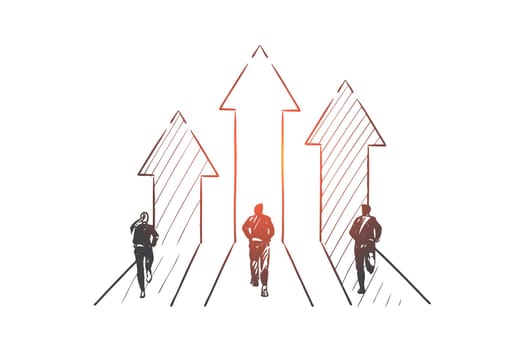 Business competition concept sketch. Coworkers running to success, corporate race, workplace competition, office rivalry metaphor, achieving aims, following goals. Hand drawn isolated vector