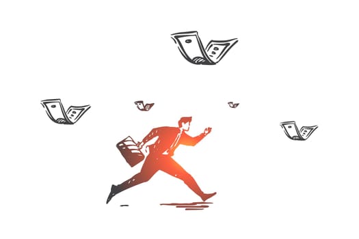 Career and money pursuit concept sketch. Businessman running after flying banknotes, race for success and financial freedom, job promotion rush metaphor. Hand drawn isolated vector