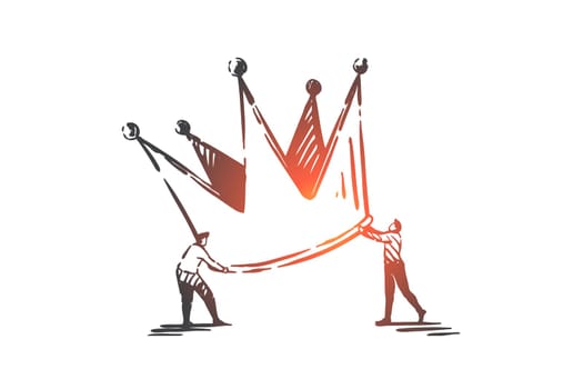 Business enhancement and improvement concept sketch. Coworkers carrying crown, company growth and reorganization metaphor, increased profit, work opportunity. Hand drawn isolated vector