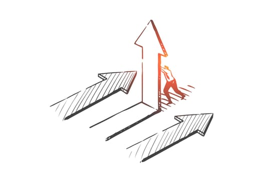 Business opportunity, pathway choosing concept sketch. Businessman character corporate challenge, correct path, career obstacles and difficulties overcoming metaphor. Hand drawn isolated vector