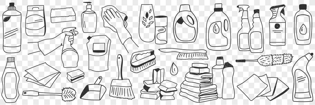 Housework equipment and tools doodle set. Collection of hand drawn various sprays brushes gloves liquids for cleaning and washing in rows isolated on transparent background