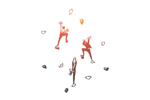 Leadership, business challenge, company competition concept sketch. Corporate worker characters climbing on rocks, career obstacles, job achievement, goals metaphor. Hand drawn isolated vector