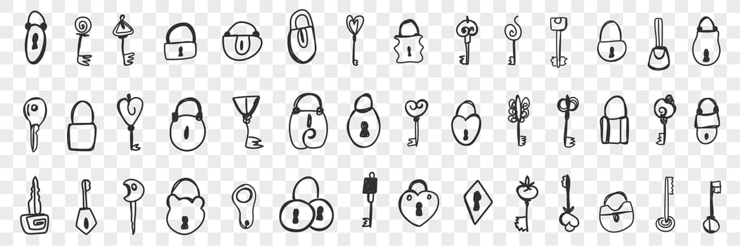 Various locks and keys doodle set. Collection of hand drawn locks with keyholes and keys for opening isolated on transparent background. Illustration of security system for kids