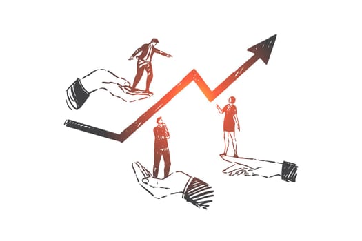 Business development, teamwork, career concept sketch. Businessmen and businesswoman searching company upgrowth ways together, stock market analytics, partnership. Hand drawn isolated vector