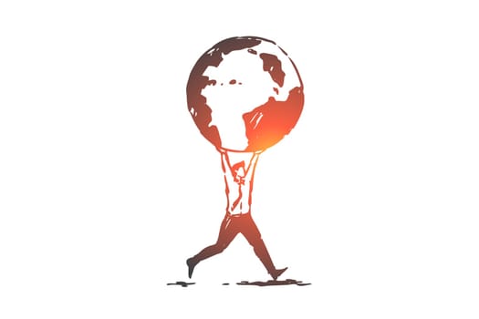 Business globalization concept sketch. Man carrying planet model, international communication and cooperation, world wide information exchange metaphor. Hand drawn isolated vector
