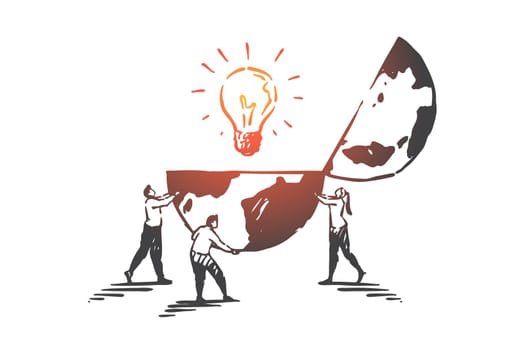 Innovation, creativity, teamwork concept sketch. Business people with globe and lightbulb, brainstorming, finding creative solution, generating ideas metaphor. Hand drawn isolated vector