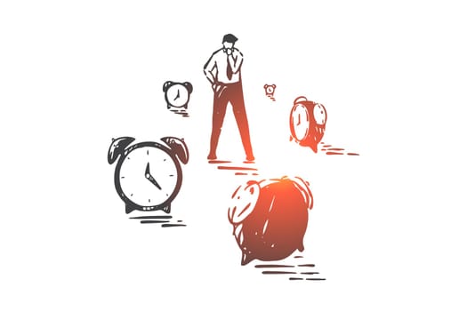 Time management, planning and effectiveness concept sketch. Businessman surrounded by alarm clocks, conscious control of timing, productivity increase, meeting deadlines. Hand drawn isolated vector