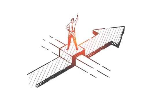 Business opportunity, obstacles overcoming concept sketch. Businessman character potential and aspirations, corporate challenge, problem solution metaphor. Hand drawn isolated vector