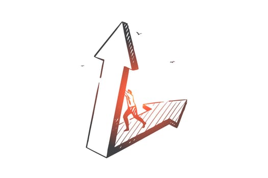 Business opportunity, problem solution concept sketch. Businessman character motivation and aspirations, corporate challenge, career obstacles overcoming metaphor. Hand drawn isolated vector