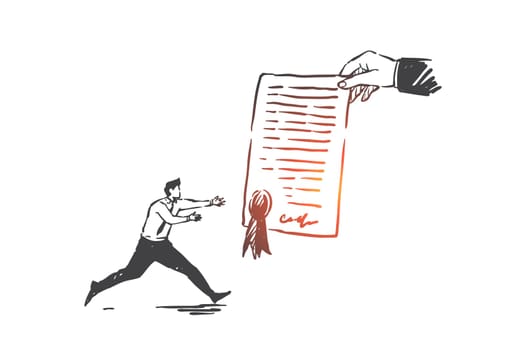Business agreement, contract concept sketch. Businessman winning tender, company employee getting prize, designation order, honorable mention award metaphor. Hand drawn isolated vector