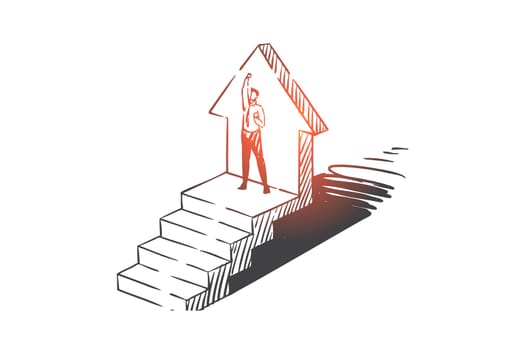 Success achievement concept sketch. Businessman on top of stairs, upward pointing arrow, professional growth, career development and work promotion metaphor. Hand drawn isolated vector