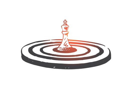 Success, victory and leadership concept sketch. Chess queen in target, achieving business aims, following corporate goals metaphor, professional accomplishment. Hand drawn isolated vector