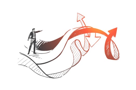 Leadership, analysis, business choice concept sketch. Businessman analyzing company extension ways, manager male character comparing firm development paths. Hand drawn isolated vector
