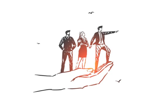 Business vision, teamwork, leadership concept sketch. Company executive male character indicating activity direction, firm staff searching promising development path. Hand drawn isolated vector