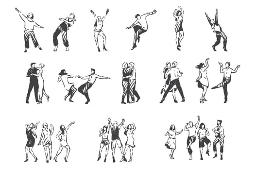 People dancing to music concept sketch. Nightclub, outdoor, open air party, men and women waltzing, friends and couples entertaining and dancing together set. Hand drawn isolated vector