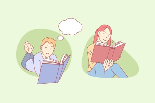 Reading children, literature, study, thought bubble set concept. Young boy, girl read interesting books. Curious schoolchildren dreaming with fairytale. Literature teens education. Thought bubble Flat simple vector.