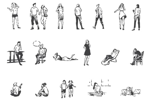 Telephone communication, people with smartphones concept sketch. Mobile conversations, men, women and children talking on mobile phones at home and outside set. Hand drawn isolated vector