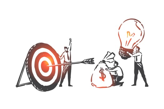 Business partnership, teamwork, overall success concept sketch. Businessmen working for result together, colleagues male characters achieving business success. Hand drawn isolated vector