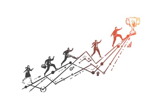 Leadership, business competition, race concept sketch. Corporate worker character reaching trophy, office employees running on graph arrow, team leader metaphor. Hand drawn isolated vector