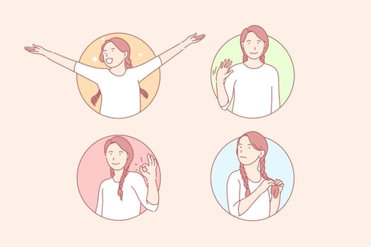 Happiness, approval, shy, greeting, set. Happy pleased satisfied, young woman. Approving, confirming girl. Greeting welcoming saluting teen Shy hesitating indecisive student simple flat vector