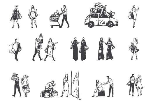 Shopping day, people making purchases concept sketch. Total sale, discount, Arab women carrying shopping bags, couples and friends buying up together set. Hand drawn isolated vector