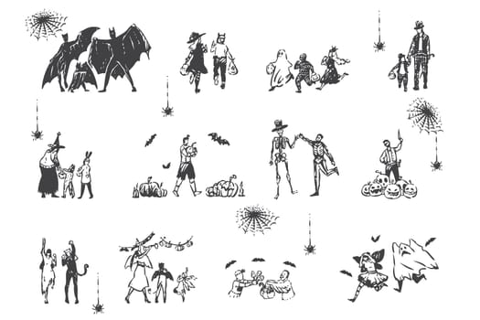 Halloween, people in fancy dress concept sketch. Autumn traditional holiday, scaring people, adults and children in horrific costumes entertaining together set. Hand drawn isolated vector