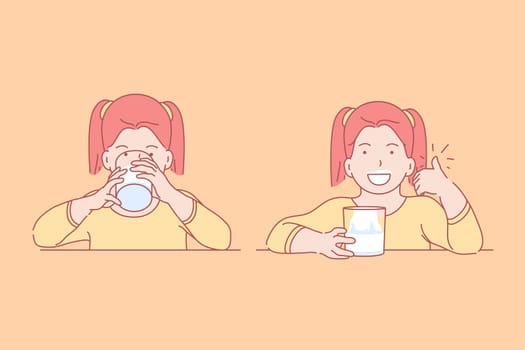 Food, health, childhood, diet concept. Pleased young happy girl drinking tasty, vitamin, natural beverage for breakfast in preschool with appetite. Healthy child food lifestyle. Flat simple vector.