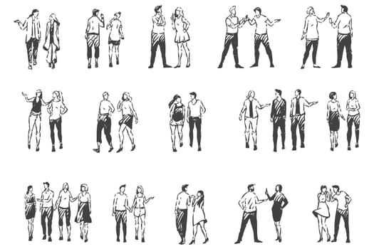People communicating and walking outside concept sketch. Warm season, sunny weather, men and women sauntering, friends and couples strolling outdoor together set. Hand drawn isolated vector