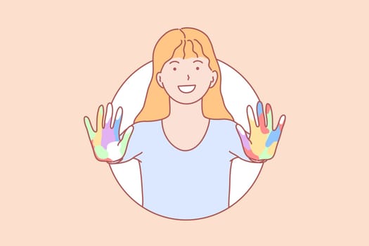 Amity, learning, hands, play concept. Smiling young girl with open colorful hands. Happy schoolgirl with painted arms learning friendship play. Friendliness, integration lifestyle simple flat vector.
